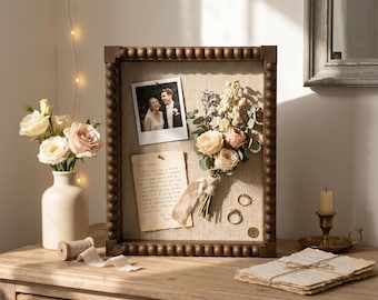 Cornice a scatola in legno con perline, bacheca in lino profonda per foto di matrimonio, biglietti di viaggio, fiori secchi, decorazione vintage per la casa.