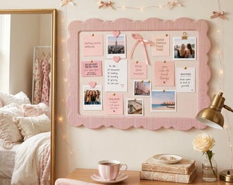 Pastellfarbene ausgebogte Stoff Leinen Pinnwand, 12 x 16 Zoll große ästhetische Pinnwand, Pink & Blau Memoboard für Fotos, Notizen, Wohnheim Dekor
