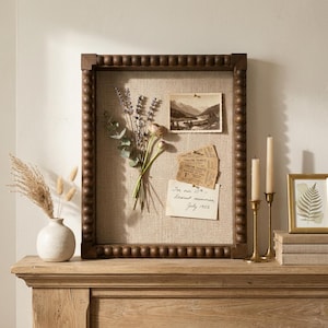 Beaded Wood Shadow Box Frame with Linen Pin Board, Deep Display Case for Wedding Keepsake Dried Flower Ticket, Vintage Farmhouse Home Decor