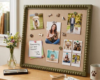 Green Bobbin Beaded Linen Cork Pin Board, 13x17 Inch Pet Memorial Memo Board,  Bulletin Board for Dog Cat Photos Keepsake & Pet Owner Gift
