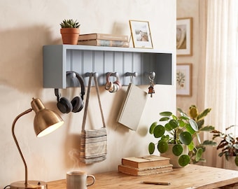 Blau Grau Holz Wandregal mit Haken, Wandgarderobe, Kinderzimmer Floating-Regal, Küche Klammer Schiene, Schlüssel und Tasche & Handtuchhalter Organizer
