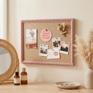 Beaded Linen Cork Pin Board, 12x16In Bobbin Framed Bulletin Board for Photos & Notes, Decorative Memo Board for Home Office Wall Display