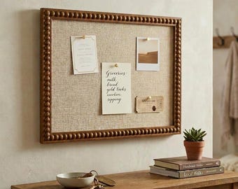 Vintage Bobbin Perlen Leinen Kork Pinnwand, 13 x 17 Zoll Holz Bulletin Board für Fotos & Notizen, Bauernhaus Wand Memo Board für Home Office