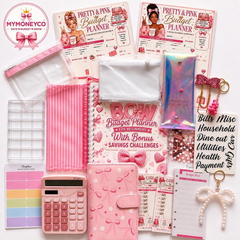 Pu&ograve; includere: Un kit per la pianificazione del budget con calcolatrice rosa, un'agenda a spirale Bow Budget Planner, un raccoglitore rosa con motivi a fiocco, buste trasparenti, fogli di budget, un portachiavi con fiocco di perle ed etichette.