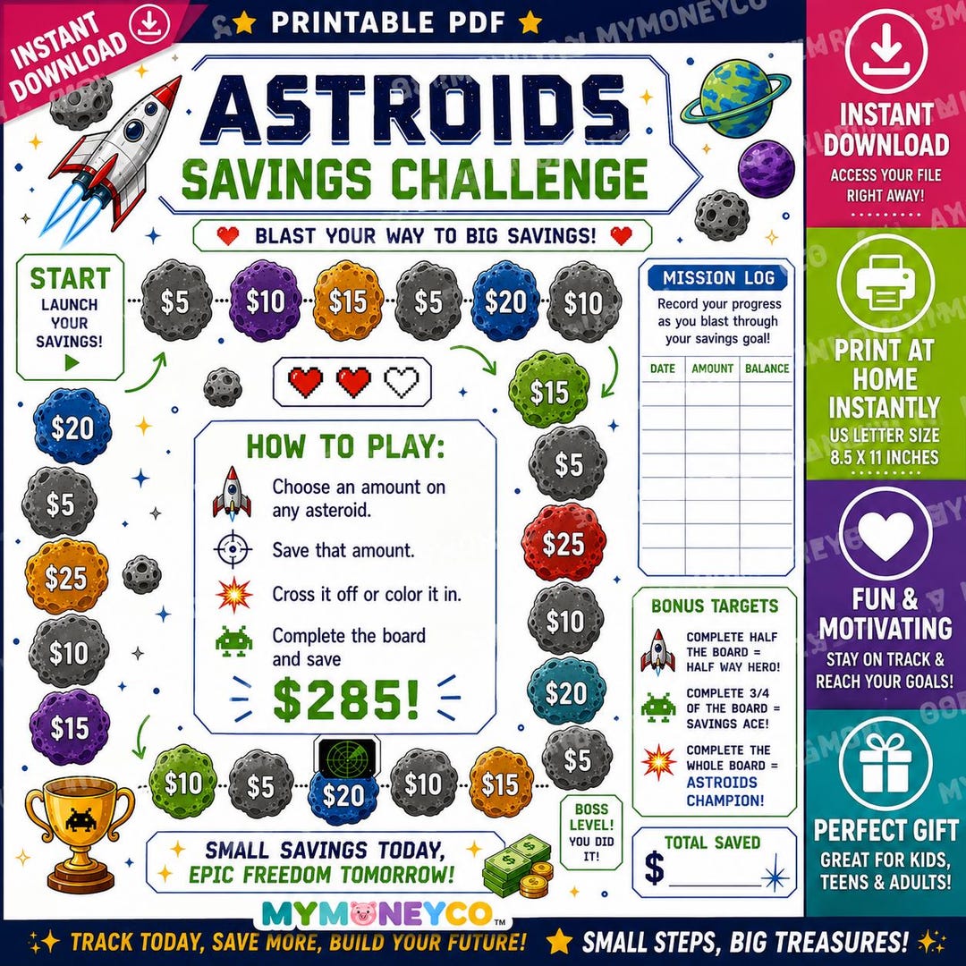 Astroids Savings Challenge Printable | Budget Tracker (PDF Download ...