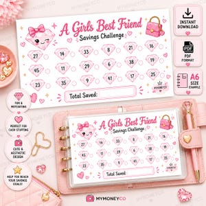 May include: A pink and white A6 size savings challenge tracker titled A Girls Best Friend featuring diamond illustrations with numbers, a pink handbag icon, and a Total Saved field, presented as a digital download and inside a pink binder.