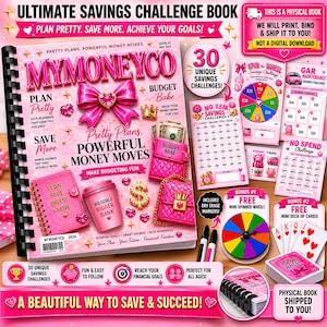 May include: A pink savings challenge book with the text "MYMONEYCO" and "ULTIMATE SAVINGS CHALLENGE BOOK". Includes a mini spinner wheel, playing cards, and dry erase markers. Features the text "PLAN PRETTY. SAVE MORE. ACHIEVE YOUR GOALS!"