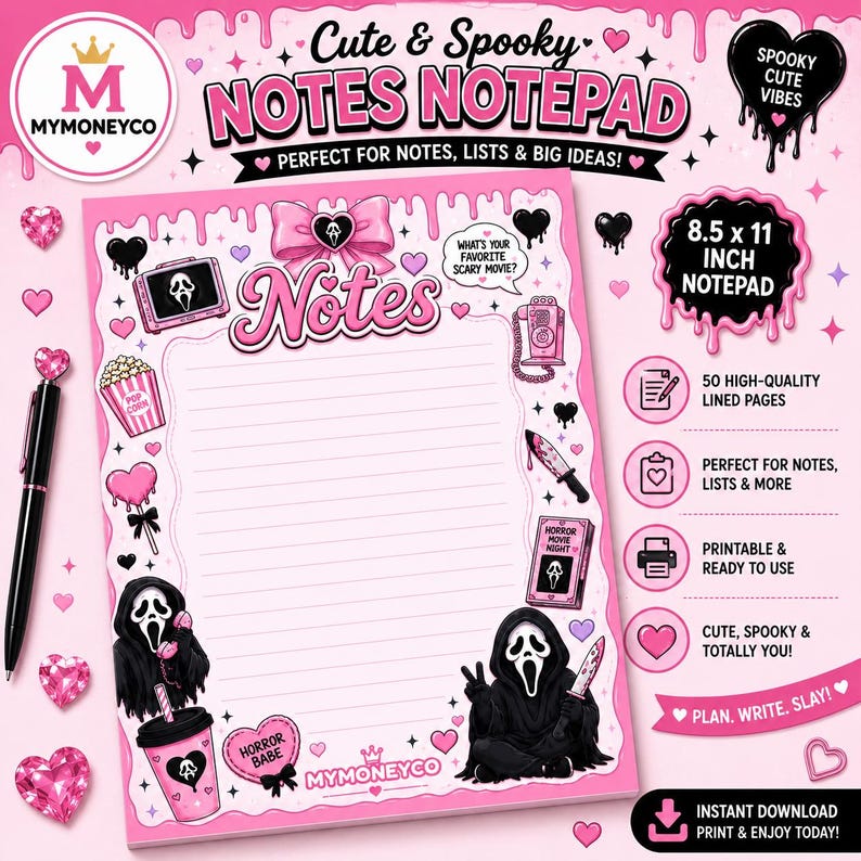 May include: A pink notepad with 50 lined pages measuring 8.5 x 11 inches. The design features horror-themed illustrations including a masked figure, a knife, and a popcorn bucket, with the text Notes, MyMoneyCo, and What's your favorite scary movie?