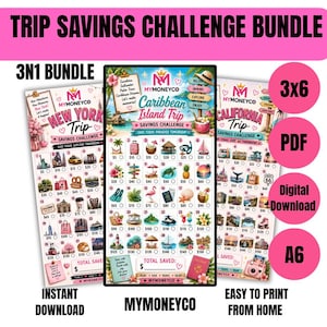 May include: A bundle of three travel-themed savings challenges, each with a different destination: New York, Caribbean Island, and California. The design includes icons, text, and a pink and white color scheme. The bundle is available as a PDF and digital download.