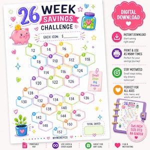 Peut inclure: Un tableau de défi d'épargne de 26 semaines avec des illustrations colorées. Il comprend une tirelire rose, un bocal d'argent et un suivi d'épargne en forme de nid d'abeille avec des montants de 2€ à 52€. Disponible en téléchargement numérique.