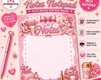 May include: A pink 8.5 x 11 inch notepad titled Glam Girl Notes Notepad with lined pages. The design features illustrations of a bow, high heels, a handbag, lipstick, and coffee cups. A matching pink pen with a heart-shaped topper is included.