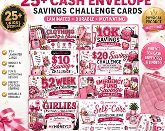 May include: A set of 25+ laminated cash envelope savings challenge cards featuring pink and white graphics. The cards display various themes like clothing, jewelry, 10k savings, 52-week challenges, and self-care, with text including MyMoneyCo branding.