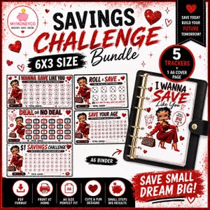 Puede incluir: Un paquete de desafíos de ahorro con cinco rastreadores y una carpeta A6. El diseño presenta un personaje al estilo Betty Boop y el texto "I Wanna Save Like You". El paquete incluye rastreadores para varios objetivos de ahorro, con un esquema de color rojo y blanco.