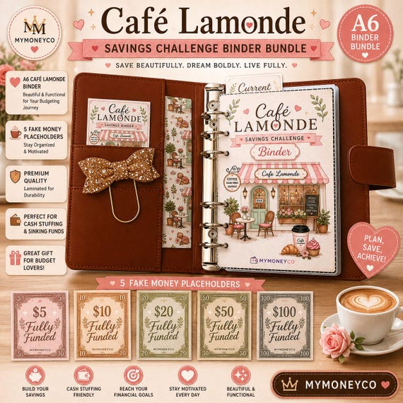 Cafe Lamonde A6 Budget Binder Bundle | Beginner Savings Challenge Binder Set, Cash Envelopes