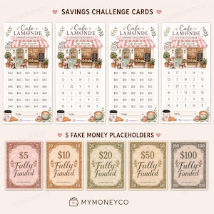 May include: Four rectangular savings challenge cards featuring a Cafe Lamonde storefront illustration with numbered grids and currency amounts, alongside five rectangular fake money placeholders labelled 5, 10, 20, 50, and 100 dollars with Fully Funded text.