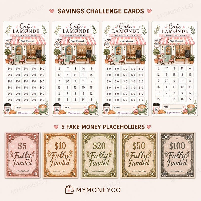 May include: Four rectangular savings challenge cards featuring a Cafe Lamonde storefront illustration with numbered grids and currency amounts, alongside five rectangular fake money placeholders labelled 5, 10, 20, 50, and 100 dollars with Fully Funded text.