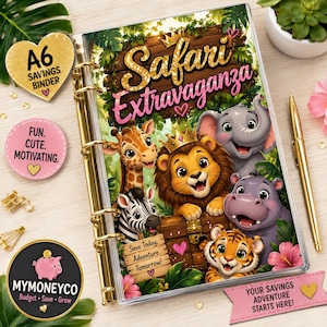 May include: An A6 savings binder featuring a Safari Extravaganza cover with illustrations of a giraffe, lion, elephant, hippo, zebra, and tiger. The binder includes gold rings, a gold pen, and circular and heart-shaped labels with text including Save Today, Adventure Tomorrow and MyMoneyCo.