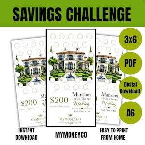 Può includere: Un tracker per il risparmio con l'illustrazione di una villa, testo SAVINGS CHALLENGE, Mansion In The Making, $200, Each Circle = $10 e MYMONEYCO. Il design include file di cerchi vuoti per monitorare i progressi su sfondo bianco.