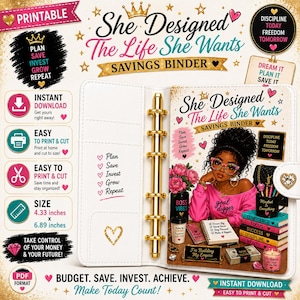 May include: White savings binder with gold accents and the text "She Designed The Life She Wants." The binder features a woman illustration, floral elements, and the text "Budget. Save. Invest. Achieve."