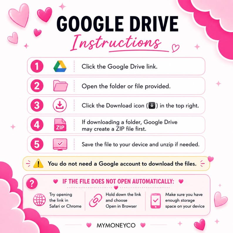 May include: A white instructional graphic with pink heart accents and clouds, titled GOOGLE DRIVE Instructions. It lists five numbered steps for downloading files, a note stating you do not need a Google account, and troubleshooting tips for opening files.