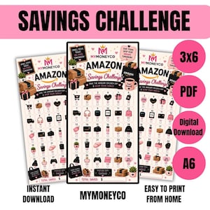 May include: Pink and white savings challenge printable with the text "SAVINGS CHALLENGE" at the top. The design includes Amazon-themed illustrations and a 30-day savings tracker. Features include "Instant Download" and "Easy to Print From Home".