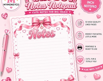 May include: A pink 8.5 x 11 inch notepad featuring a large bow at the top, the word Notes in pink script, and decorative heart and bow accents along the border. The notepad includes 50 lined pages and is accompanied by a matching pink pen.