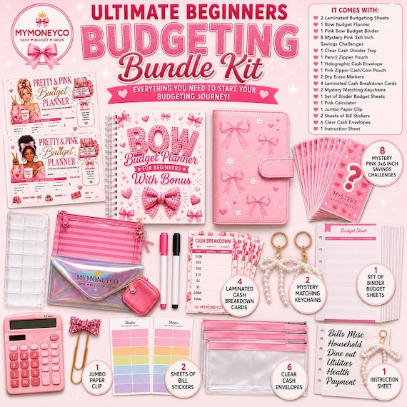 Ultimate Beginners Budgeting Bundle Kit | Cash Stuffing Starter Kit | Pink Budget Binder | Savings Challenges | Budget Planner Gift