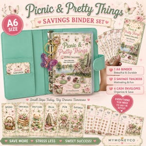 May include: A mint green A6 savings binder set featuring a floral and picnic-themed cover with a butterfly charm. The set includes cash envelopes, savings trackers, and inserts labelled with categories like Spend, Groceries, Self Care, Bills, and Fun.