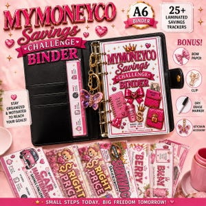 May include: A black A6 binder with a pink and white savings challenge insert, featuring a butterfly keychain, 25+ laminated trackers, a bow paper, a clip, and a dry erase marker. The cover text reads MyMoneyCo Savings Challenge Binder.