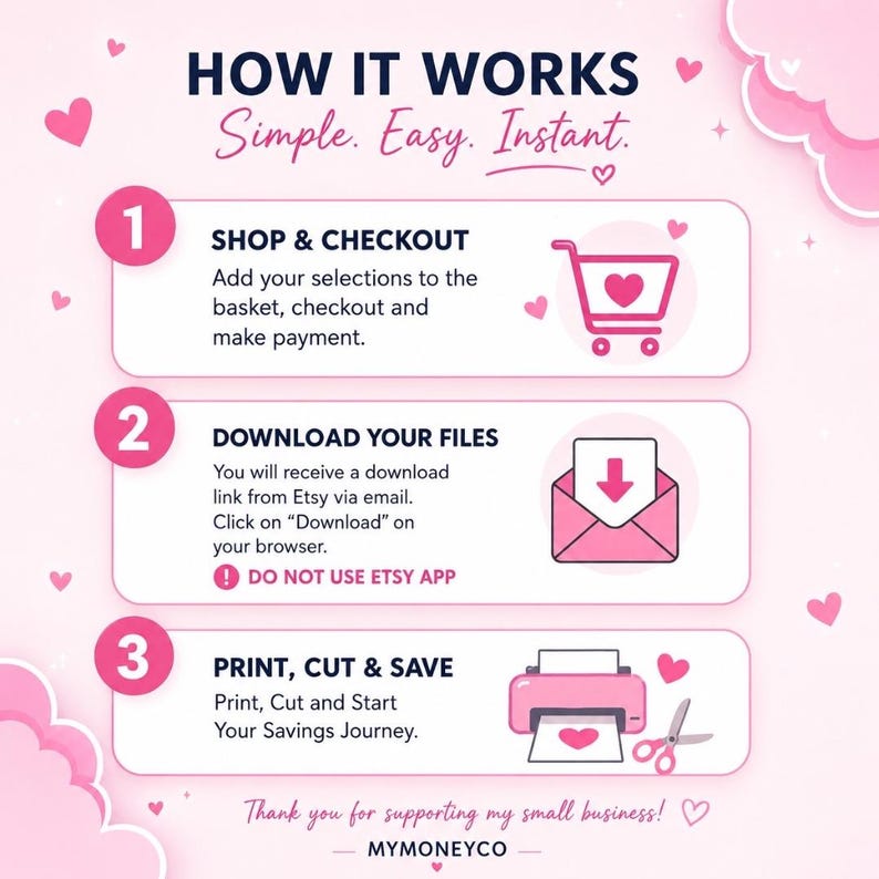 May include: A pink instructional graphic titled HOW IT WORKS Simple. Easy. Instant. with three steps: 1. SHOP & CHECKOUT with a shopping cart icon, 2. DOWNLOAD YOUR FILES with an envelope icon, and 3. PRINT, CUT & SAVE with a printer and scissors icon.
