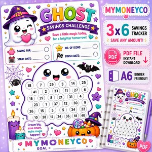 May include: A whimsical savings challenge printable featuring a friendly ghost character, a pumpkin, and a bat. The design includes a savings tracker, a PDF file download option, and is A6 binder friendly. The color palette includes purple, orange, and white.