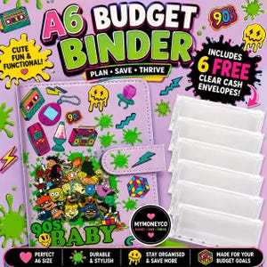 May include: A purple A6 Budget Binder with 90s-themed illustrations, such as a boombox, lava lamp, and cartoon characters. The binder includes six clear cash envelopes. The text "90s Baby" is visible. The binder is durable and stylish.