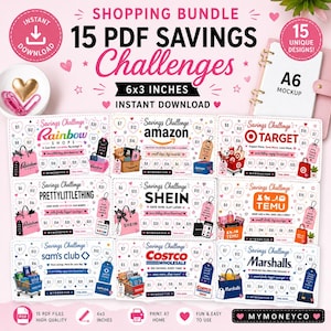 以下が含まれることがあります： 15種類のPDF貯金チャレンジシートのデジタルバンドル。各シートのサイズは15.24 x 7.62 cmです。コレクションには、貯金額を記録するためのハート型アイコンが付いた様々なブランドのチャレンジカードが含まれており、ピンクのA6バインダーと一緒に表示されています。