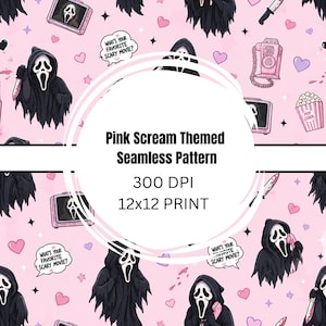 May include: Pink seamless pattern featuring Scream movie elements on a light pink background. The design includes the Ghostface killer, knives, popcorn, and text bubbles with the phrase "What's your favorite scary movie?"