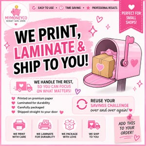 May include: Pink graphic with text "WE PRINT, LAMINATE & SHIP TO YOU!" and a pink mailbox with a package. Additional text includes "EASY TO USE", "TIME SAVING", and "PROFESSIONAL RESULTS". The image promotes printing, laminating, and shipping services.