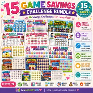 May include: A digital bundle of 15 printable A6 savings challenge trackers featuring colorful themes like fishbowls, ice cream, castles, and sports. Each card includes numbered circles for tracking money, with text labels for each game and a 6 x 3 inch size.