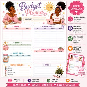 May include: A pink and white budget planner with illustrations of Black women, a sun, and stars. The planner includes sections for income, expenses, savings, and sinking funds. Text includes "Budget Planner" and "Digital Download."