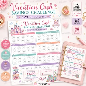 Vacation Cash Savings Challenge Printable | Save 1200 Dollars | A6 Budget Binder Insert (PDF Download)
