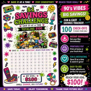 Op de afbeelding: Een kleurrijke spaaruitdaging print met een jaren 90 thema. Het ontwerp bevat een spaartracker met 100 afvinkvakjes om een doel van €100 te bereiken, plus retro graphics.