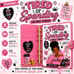 Könnte beinhalten: Rosa Sparordner mit goldenen Akzenten, mit dem Text "Tired of Spending" und Illustrationen. Enthält einen Abschnitt für Ziele, einen herzförmigen Verschluss und den Text "Take Control of Your Money & Create the Life You Love!". Der Ordner misst 11 x 17.5 cm.