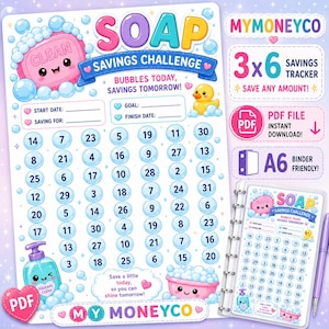 Può includere: Una colorata stampa "SOAP Savings Challenge", con un design a bolle e un simpatico personaggio di sapone. Include un tracker dei risparmi, un download di file PDF e un design compatibile con raccoglitori A6. L'immagine include anche una penna e un piccolo taccuino.