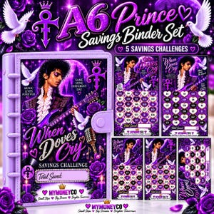 May include: A purple A6 savings binder set featuring a Prince-themed design with the text When Doves Cry. The set includes a binder with a guitar-playing figure, doves, roses, and five savings challenge inserts with heart-shaped dollar amounts.