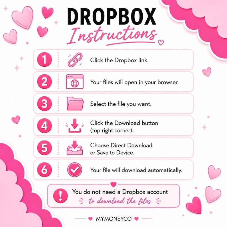May include: A white instructional graphic titled DROPBOX Instructions in pink and black text. It features six numbered steps with pink icons and text explaining how to download files, plus a note stating no Dropbox account is needed.