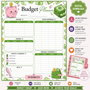 May include: A printable budget planner with a pink piggy bank and a stack of green cash. The planner includes sections for income, expenses, and savings, with the text "Budget Planner" at the top. The planner is designed to help users track their finances.