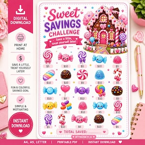 May include: A colorful printable savings challenge with a candy theme. The design features a gingerbread house and various candies, with spaces to track savings goals. Text includes "Sweet Savings Challenge" and "Save a little, treat yourself later!"