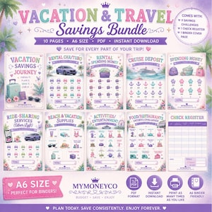 Op de afbeelding: Een digitaal A6-formaat vakantie- en reisspaarbundel met 10 pagina's aan printbare spaarchallenges, inclusief categorieën zoals huurauto, cruise, uitgaven en eten, plus een checkregister, allemaal met pastelkleurige afbeeldingen.