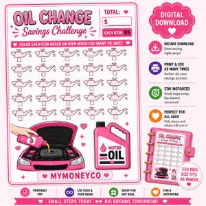 May include: Pink digital download oil change savings challenge. Features a pink car, oil can, and oil change icons. Includes text: "Oil Change Savings Challenge", "MyMoneyCo", and "Digital Download".