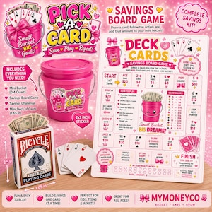 Peut inclure: Un jeu de société d'épargne rose comprenant un mini seau de 0,4 quart, un jeu de cartes Bicycle et un plateau de jeu avec instructions. Le plateau affiche les valeurs des cartes, un suivi d'épargne et le texte Pick A Card et Big Dreams.