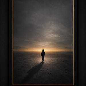 Pode incluir: Uma impressão artística emoldurada apresentando a silhueta de uma pessoa caminhando por uma paisagem vasta, escura e árida em direção a um horizonte dourado brilhante sob um céu nublado. A obra está em uma moldura preta com borda dourada.