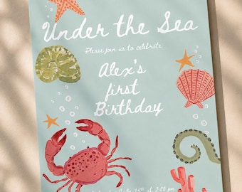 Under the Sea Birthday Invitation, Hand-Painted Watercolor Ocean Party (Digital Download)